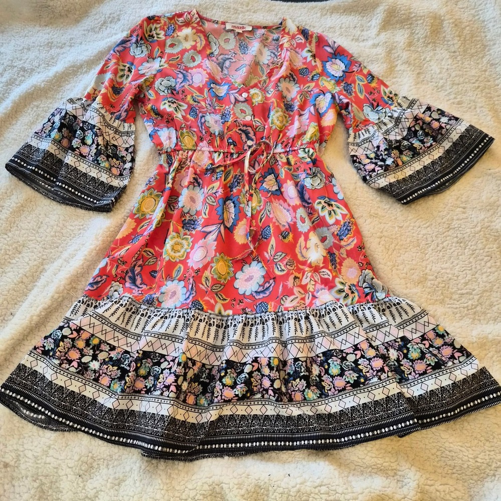 Mazik‎ Floral Boho Mini Dress Coral Pink Bell Sleeve Drawstring Waist Womens S